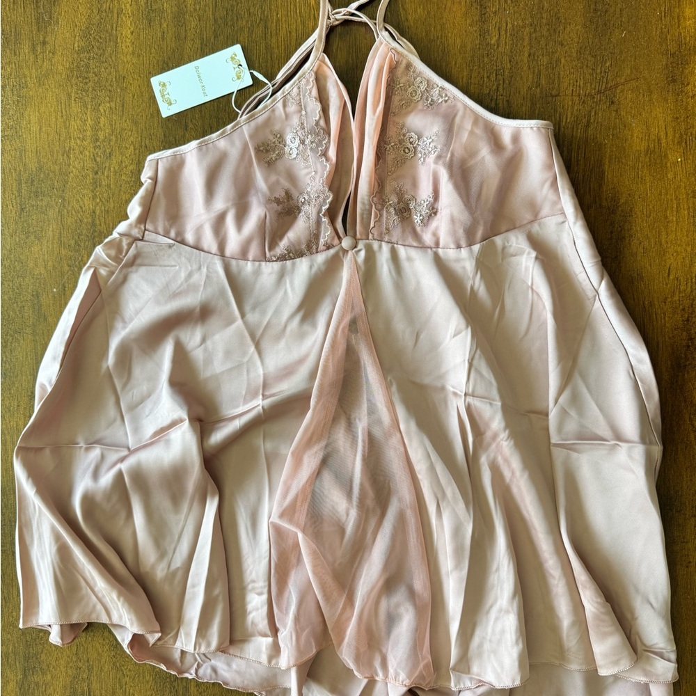 Satin Lace Trim Babydoll Nightdress in Blush - Picture 3 of 4